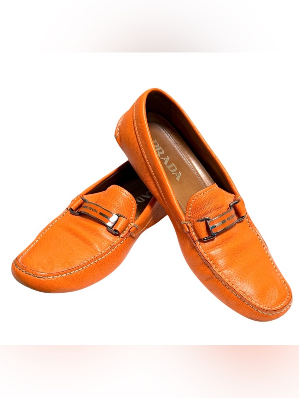Prada Orange Saffiano Leather Driving Shoes Loafers Italy EU 41 US 8